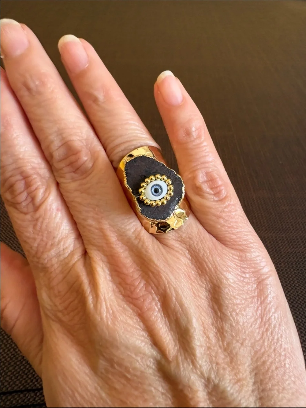 New! Black Synthetic Geode Agate Druzy Gold Plated Evil Eye Statement Ring